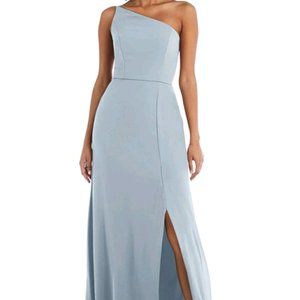 Skinny One-Shoulder Trumpet Gown with Front Slit in light blue - size 8